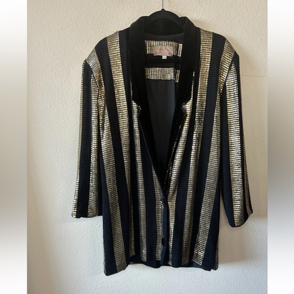 Vintage Brigitte Fashions London Black Gold Jacket Chainmail Velvet L XL - Picture 8 of 15